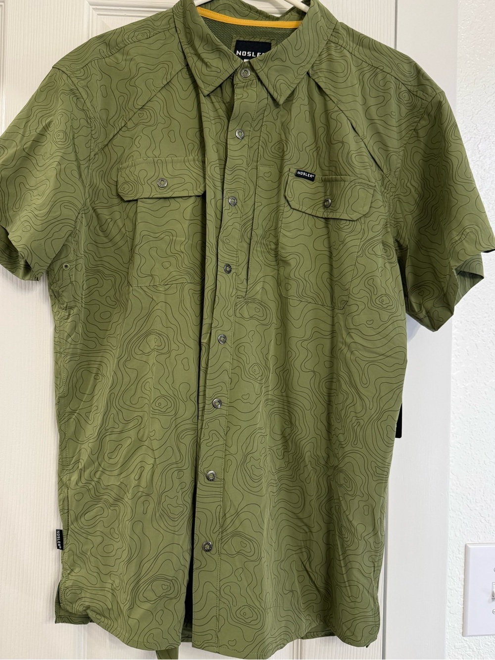 Nosler Men’s Fishing Shirt- NWT.Olive Short-Sleeve Topographic Button-Down Shirt